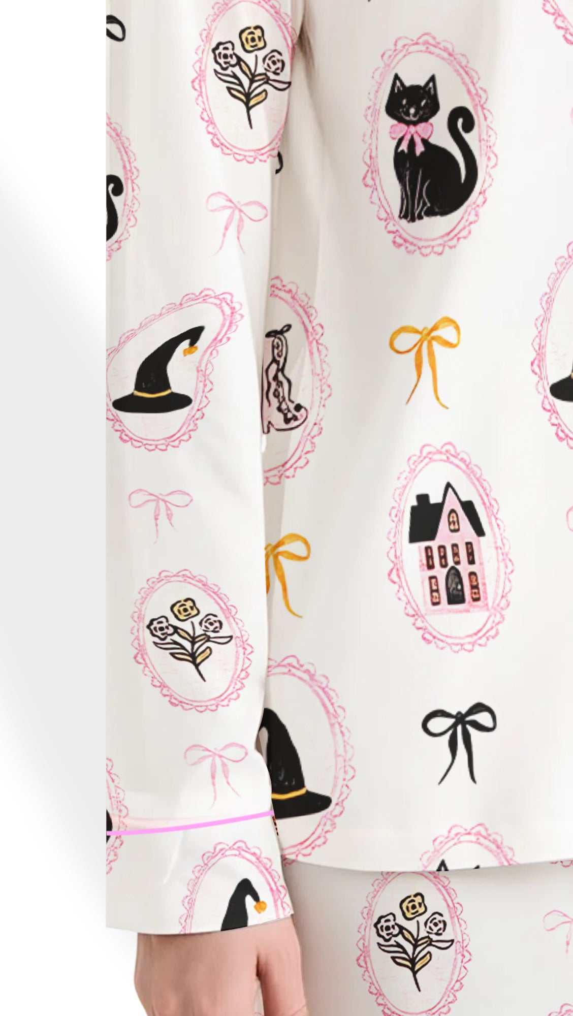 Coquette Bow Black Cat Satin Pajama Set – Cute Pink & Black Halloween PJs