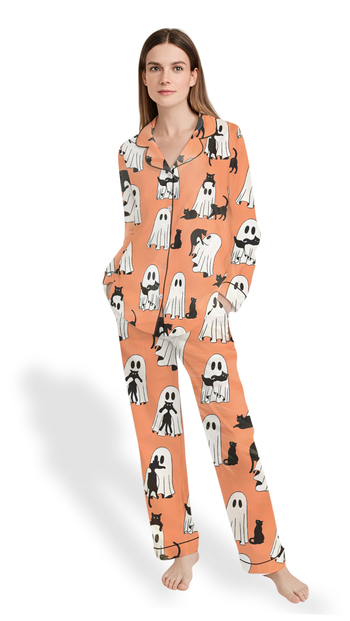 Halloween Ghost Pajama Set – Women’s Retro Ghost Cat Satin PJs