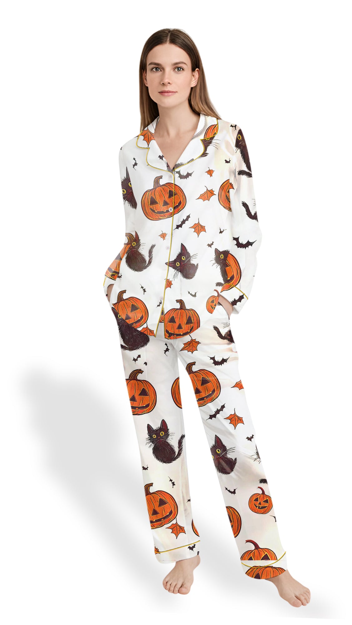 Women’s Satin Pajamas – Halloween Pumpkin Cat Sleepwear