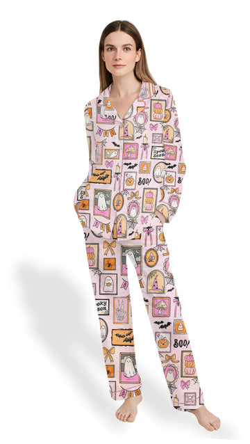 Spooky Ghost Frames Halloween Satin Pajama Set