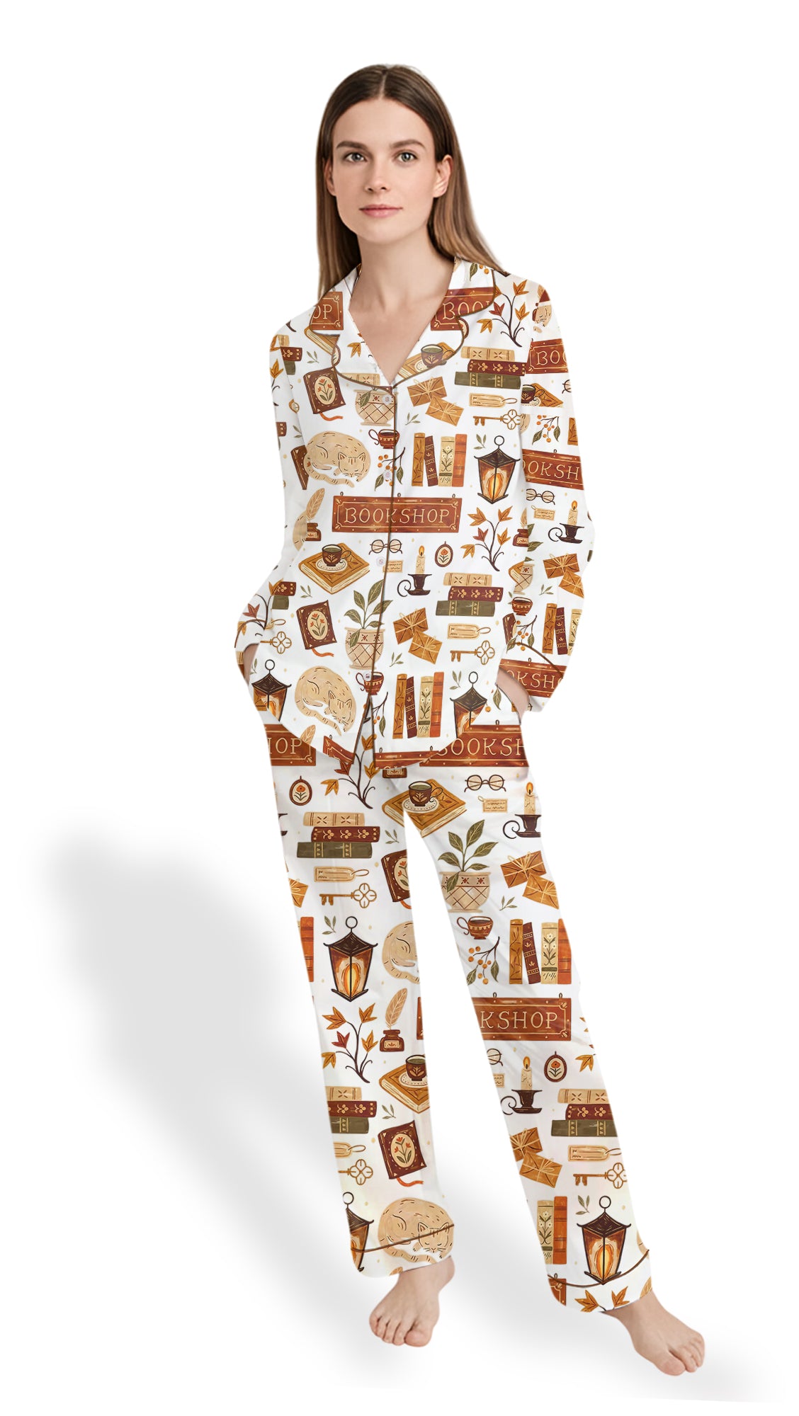 Bookish Love Autumn Satin Pajama Set – Women’s Cozy Long Sleeve PJs