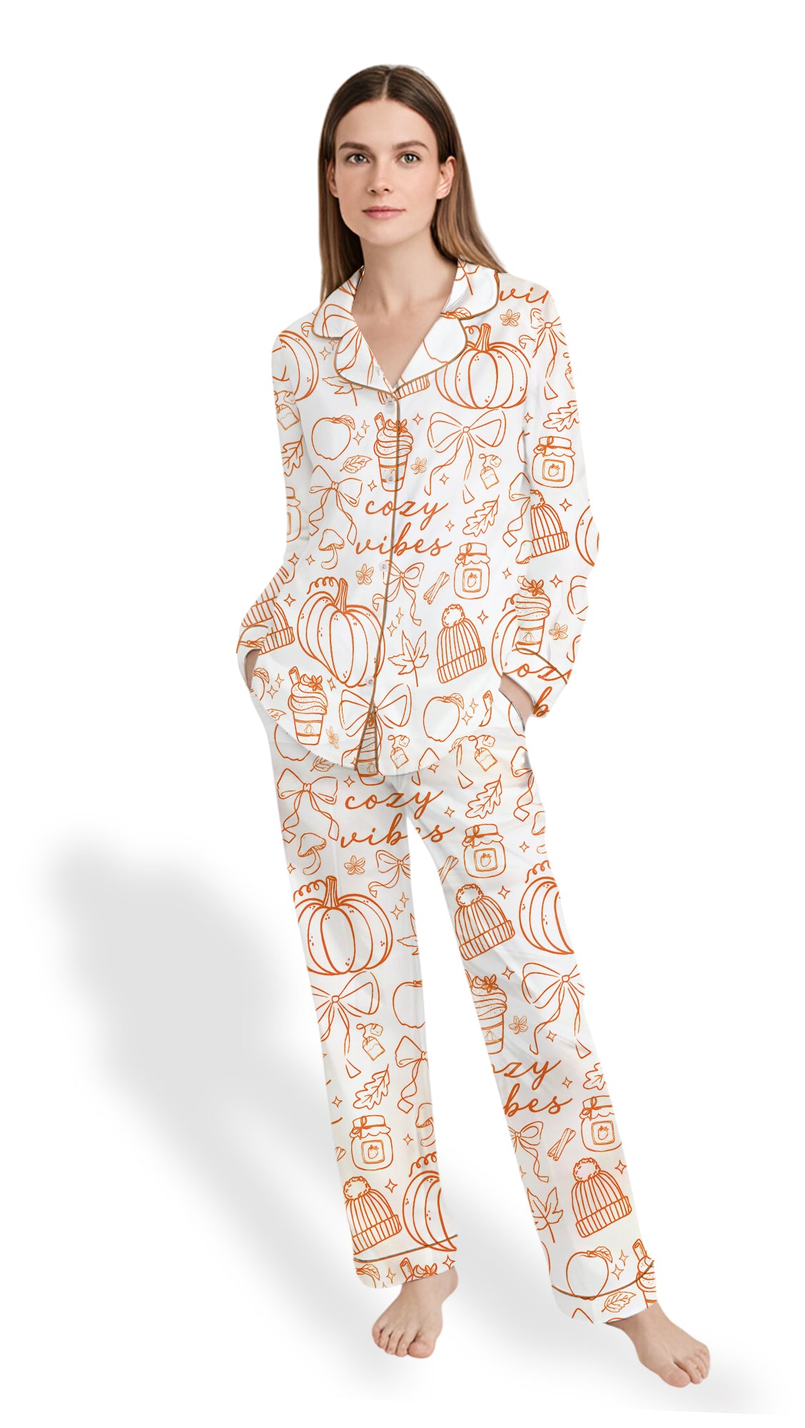 Women’s Coquette Pumpkin Spice Latte Pajama Set – Fall Cozy Satin PJs