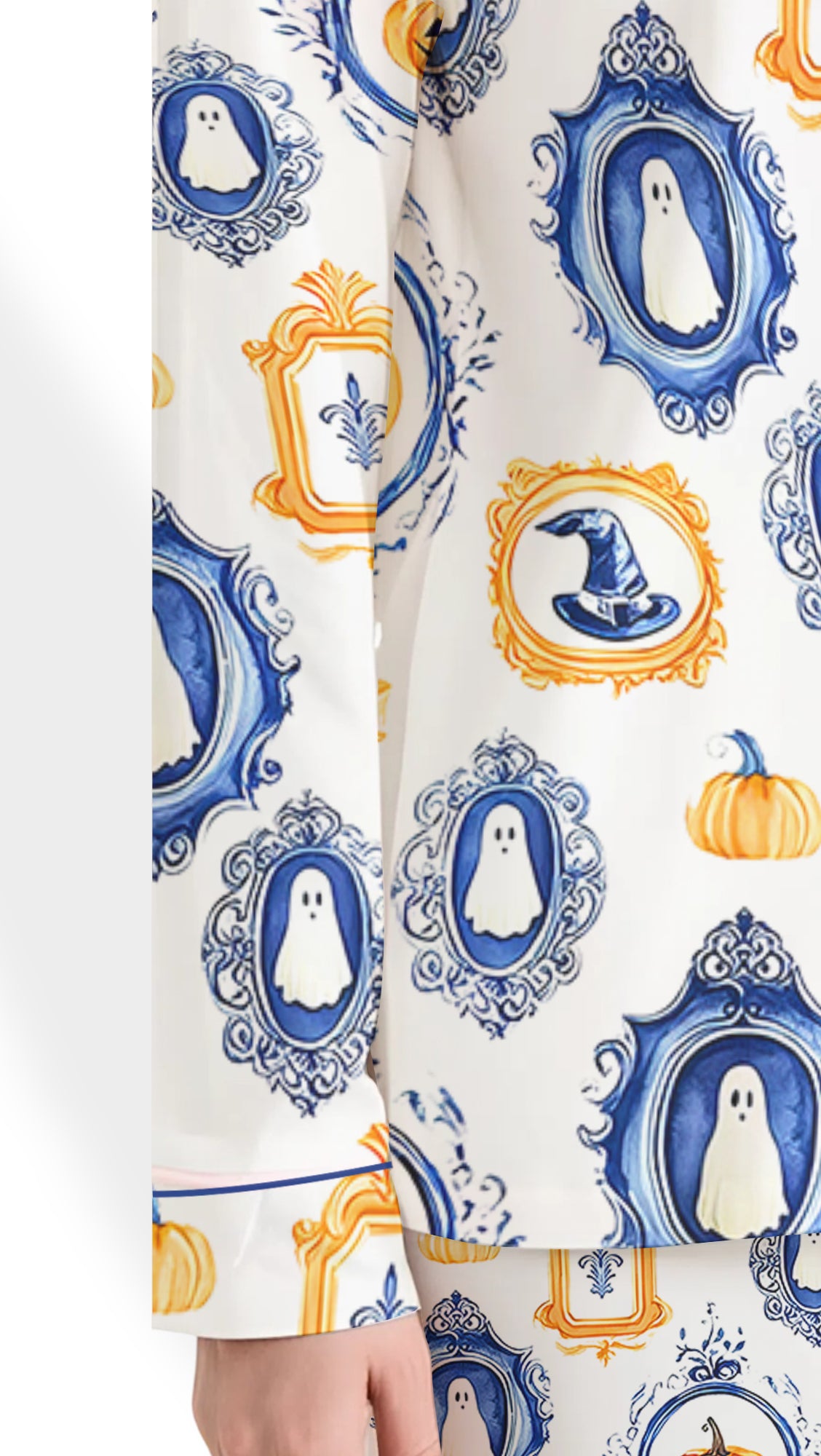 Women’s Autumn Halloween Satin Pajama Set – Pumpkin Spice & Ghost Print Short Sleeve PJs