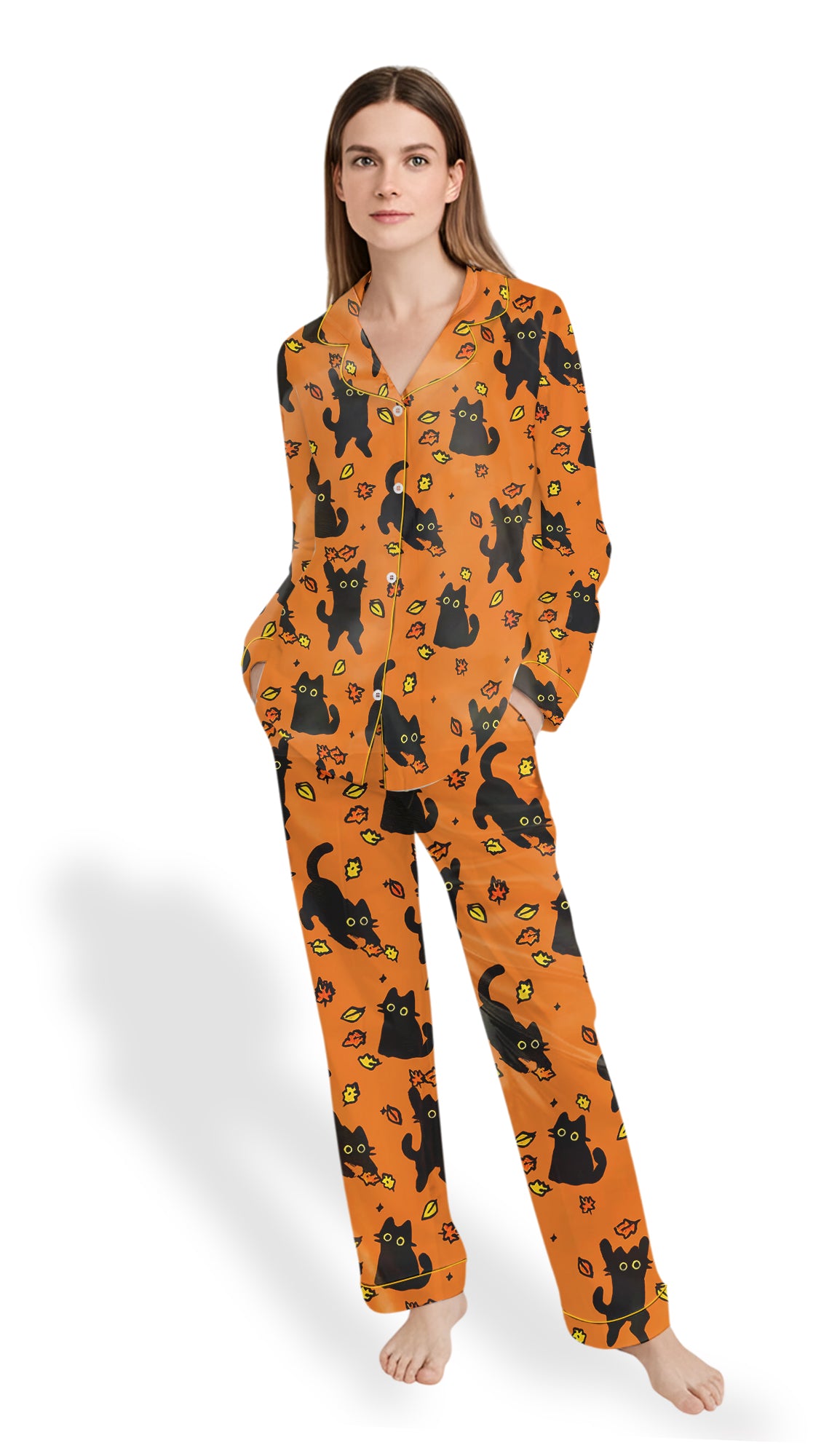 Women’s Black Cat Fall Halloween Satin Pajama Set
