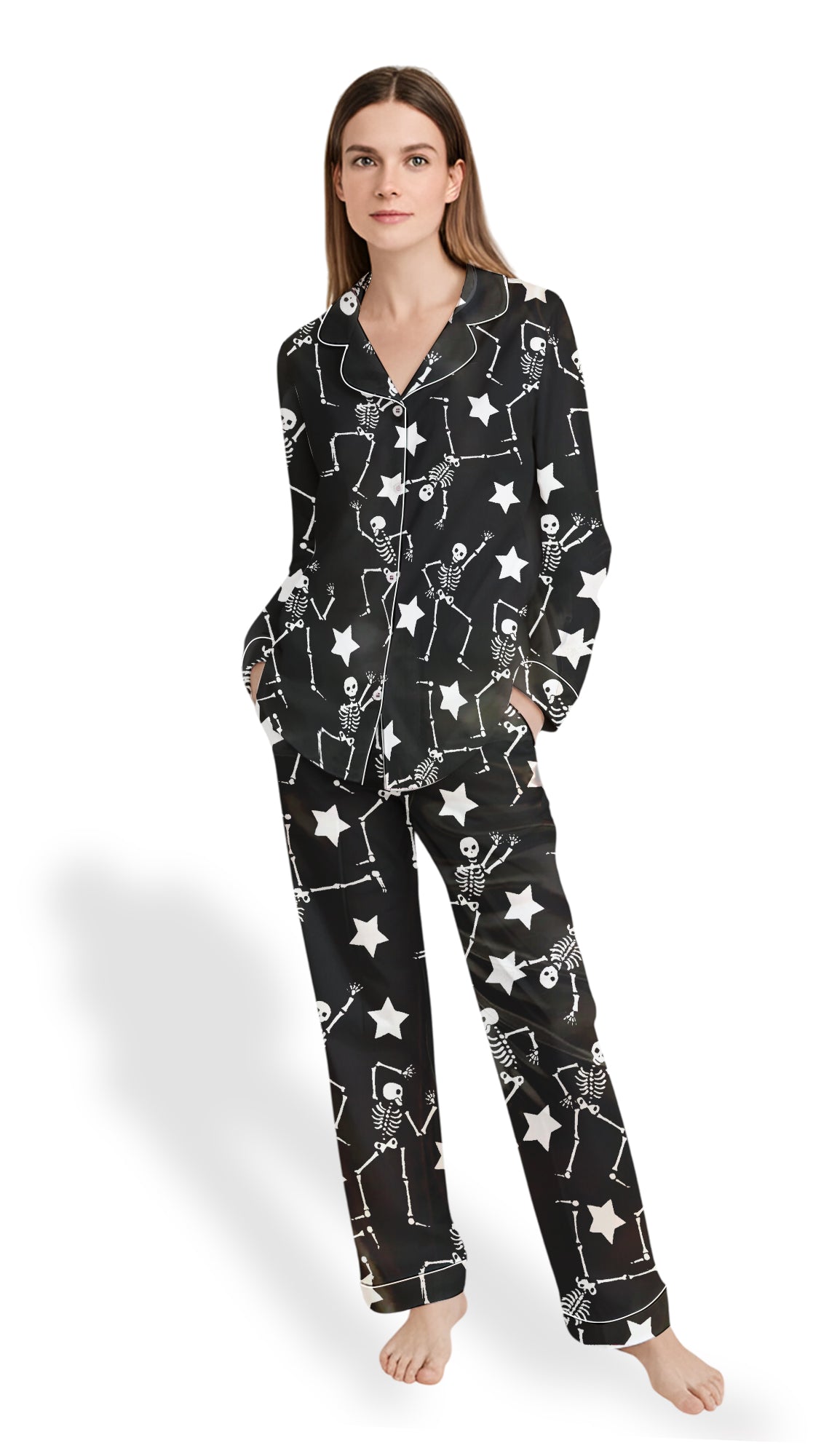 Women’s Satin Pajamas – Halloween Dancing Skeleton Set