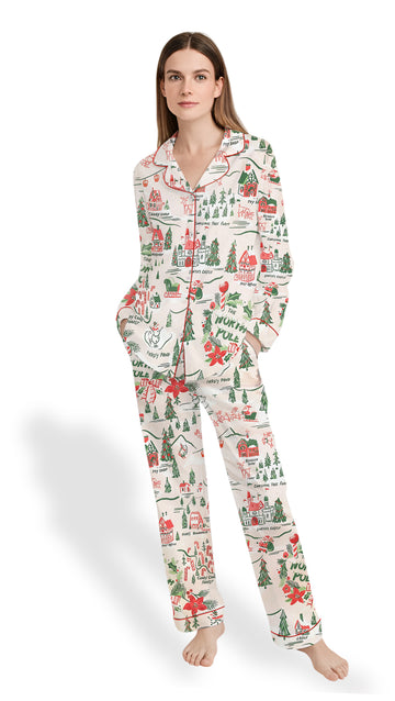 North Pole Village Map Christmas Satin Pajama Set – Retro Holiday PJs
