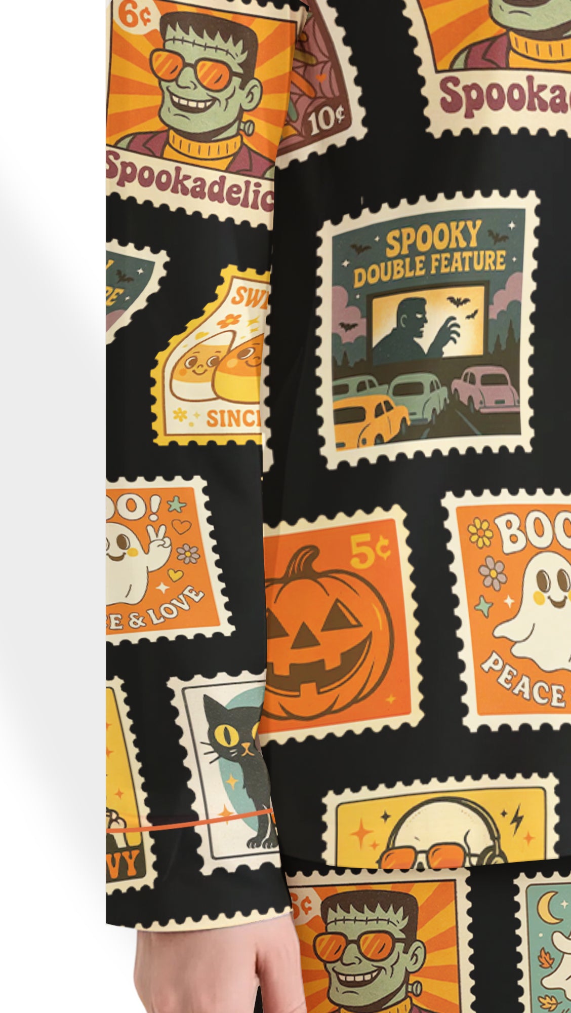 Women’s Vintage Halloween Postage Stamp Pajama Set – Spooky Pumpkins Satin Sleepwear