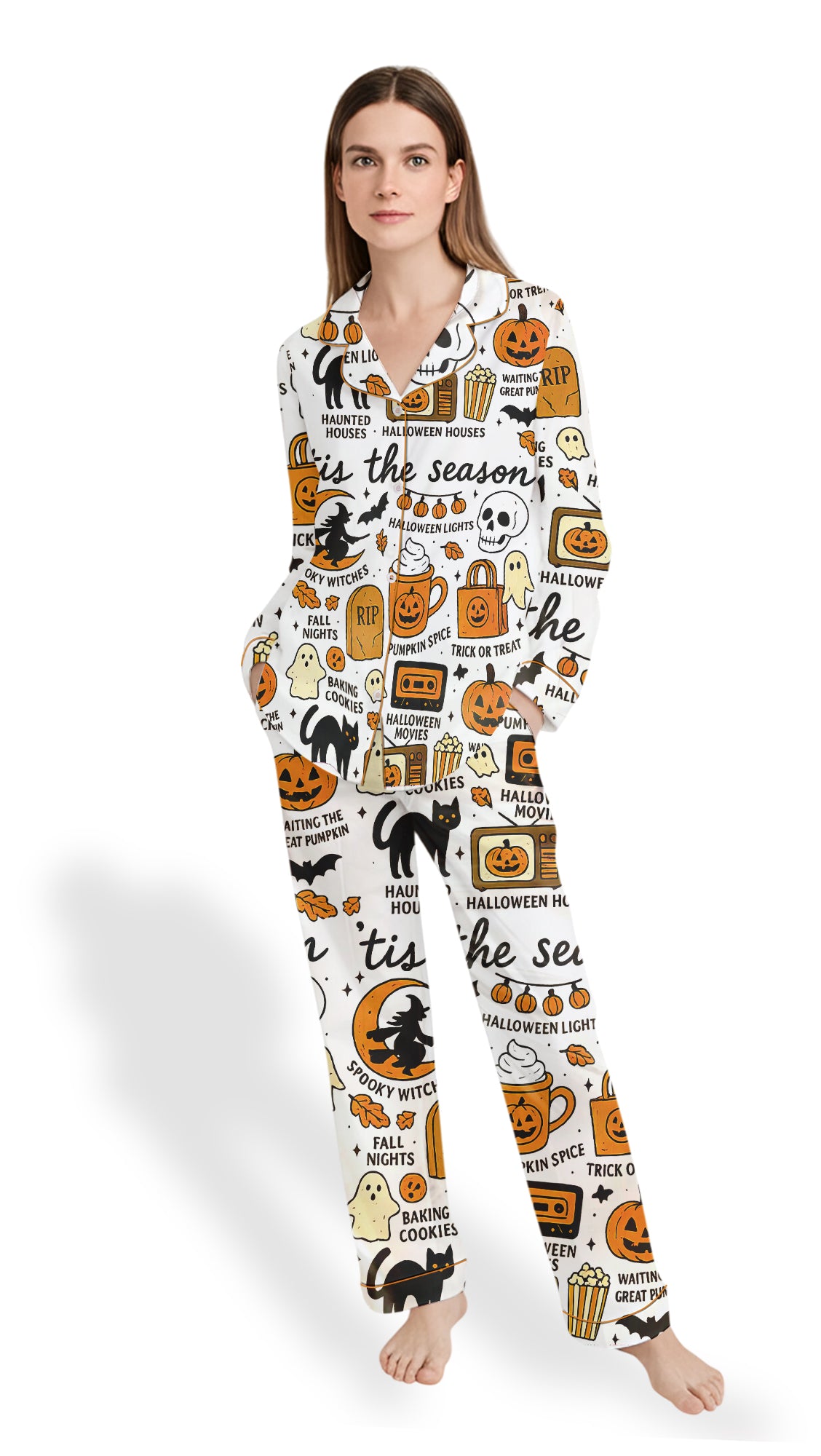 Retro Ghost Pajama Set – Women’s Satin Halloween Sleepwear, Boho Autumn PJs