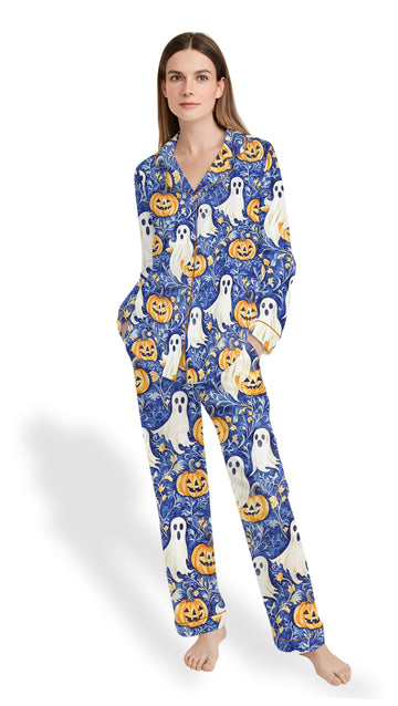 Women’s Ghost & Pumpkin Pajama Set – Preppy Halloween Satin Sleepwear