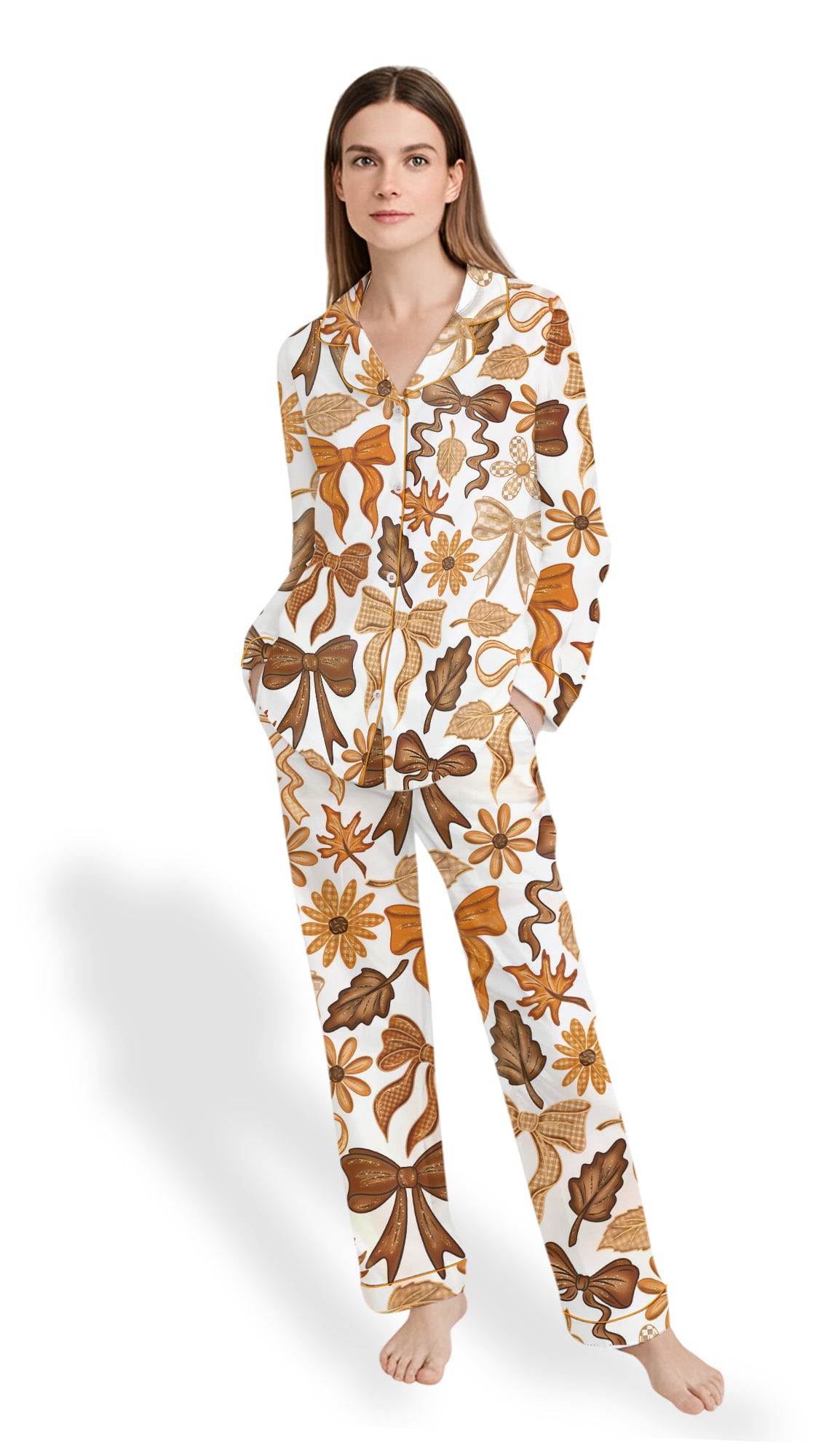 Coquette Bows Pajama Set – Women’s Fall Satin Autumn Sleepwear