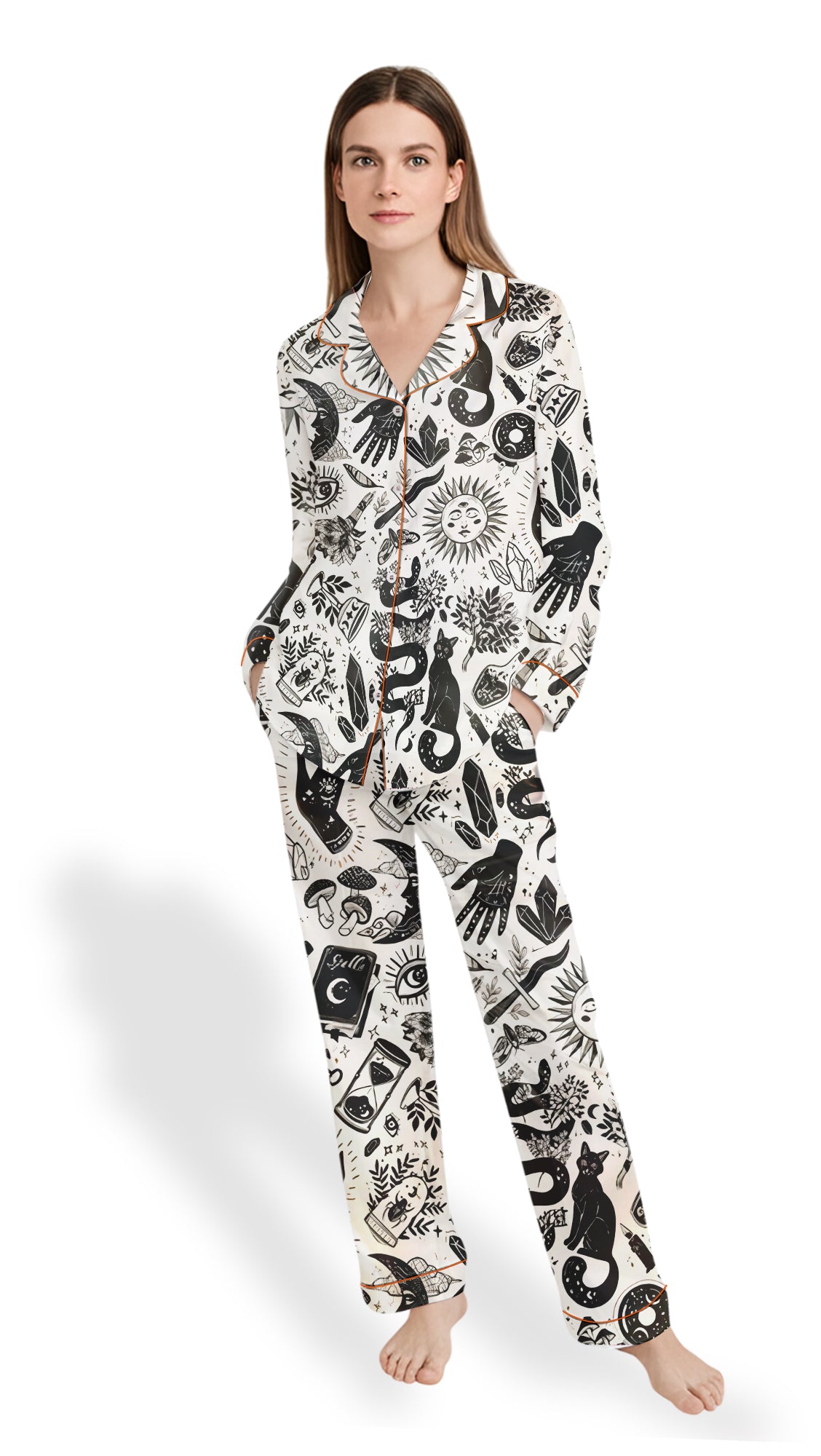 Women’s Witchy Things Pajama Set – Black & White Halloween Cat Satin PJs