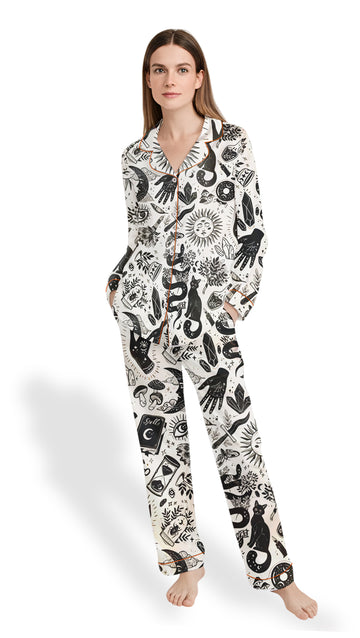 Women’s Witchy Things Pajama Set – Black & White Halloween Cat Satin PJs