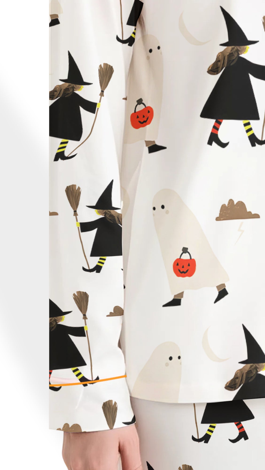 Women’s Halloween Pajama Set – Witch with Broom & Ghost with Pumpkin Satin PJs