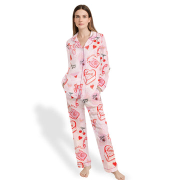 Valentine's Day Heart Shaped Lolipops Roses And Red Lipsticks  Pajama Set for Women