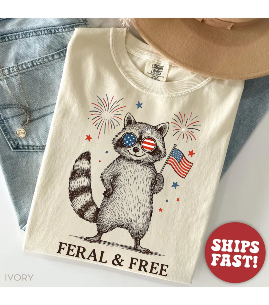Feral But Free Fireworks Feral Raccoon 4th Of July T-Shirt (Comfort Colors® )