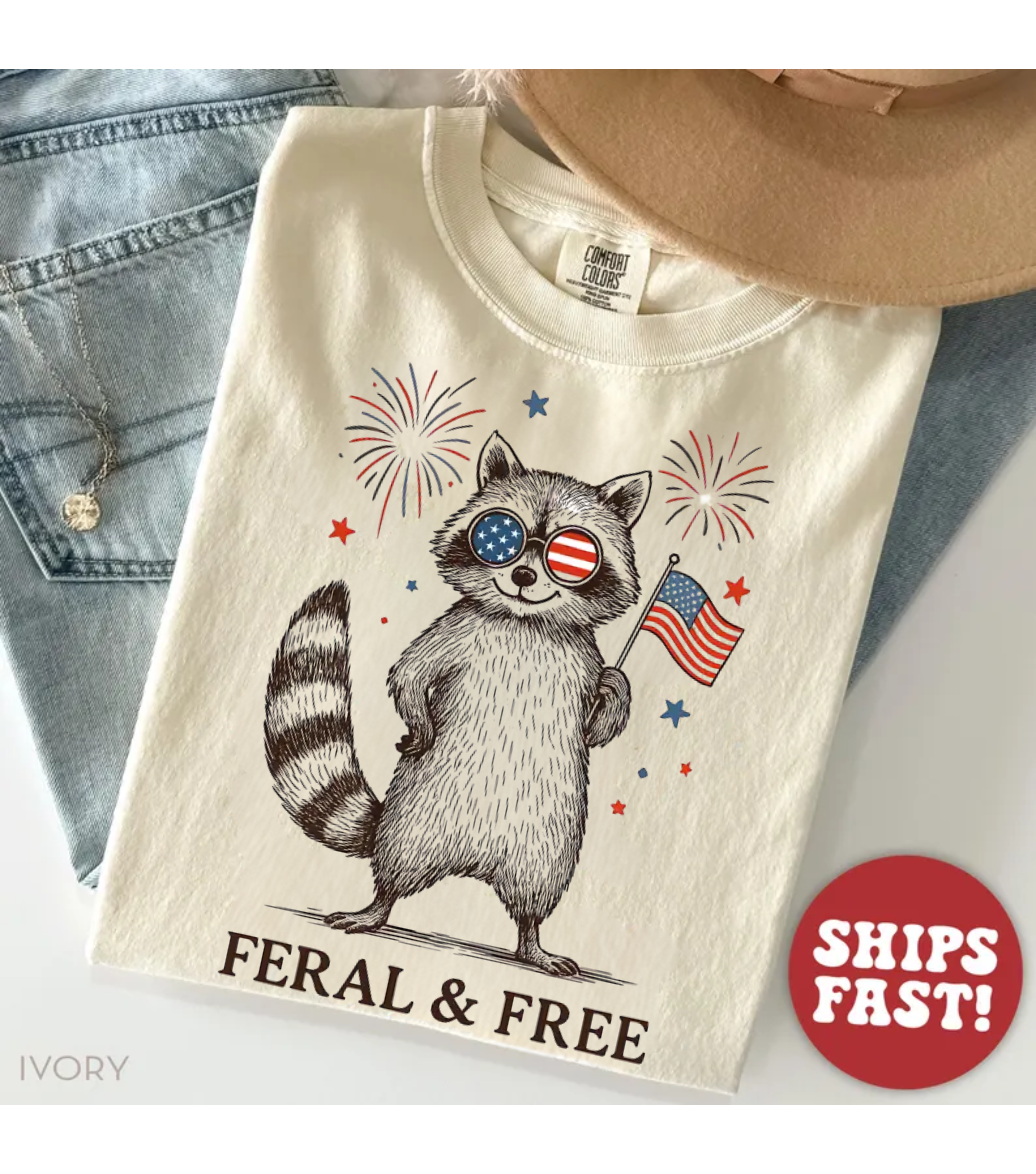 Feral But Free Fireworks Feral Raccoon 4th Of July T-Shirt (Comfort Colors® )