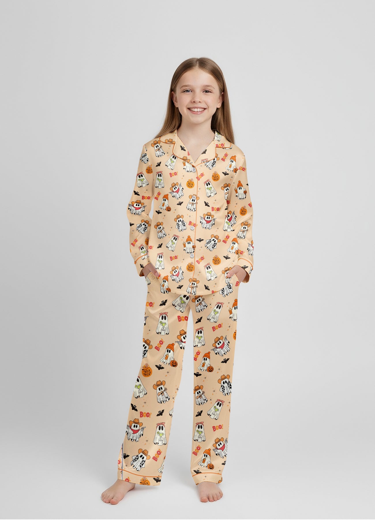 Halloween Western Ghost Pumpkin Satin Pajama Set – Long Sleeve Matching PJs