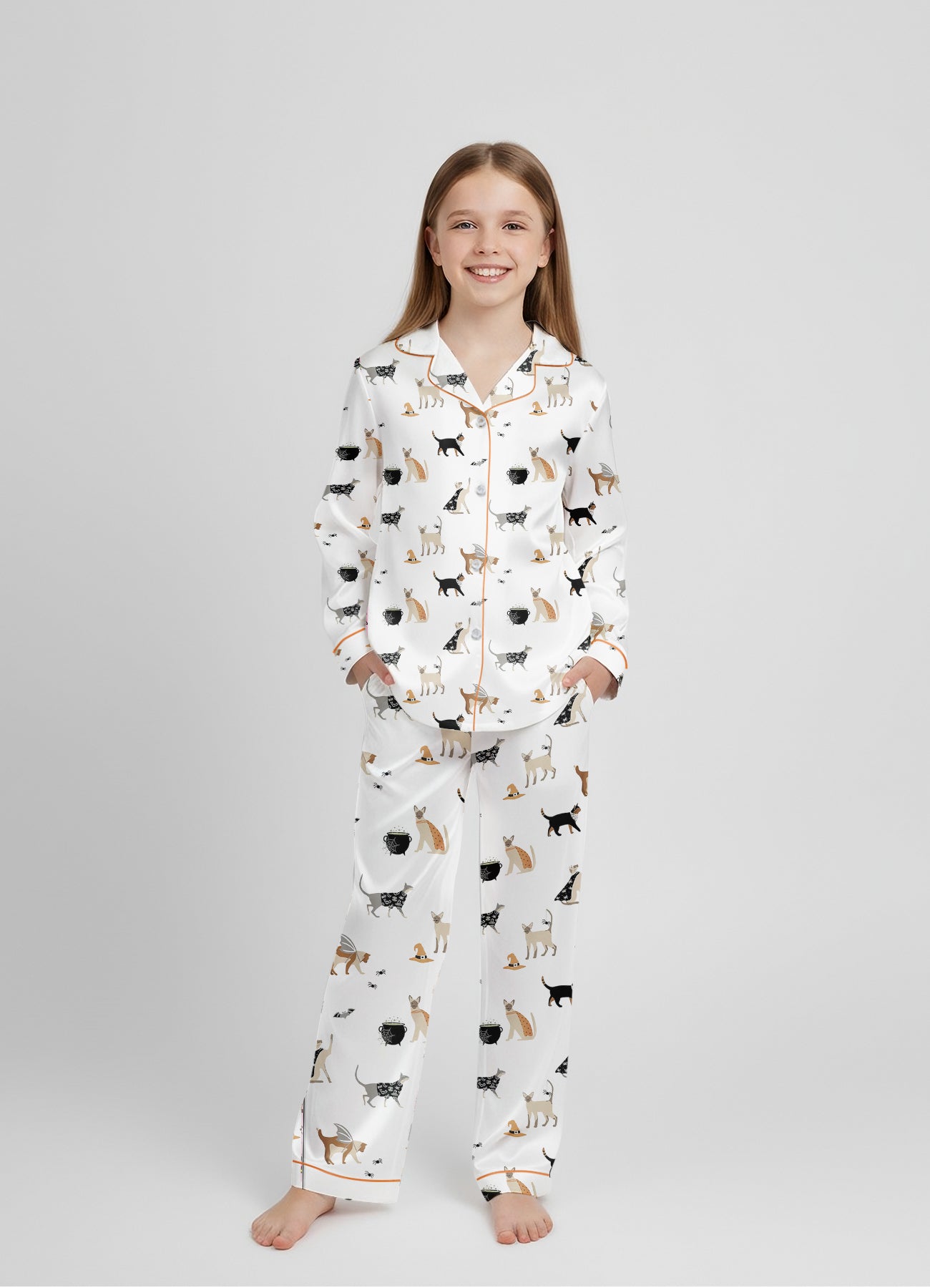 Women’s Halloween Cat Party Satin Pajama Set – Long Sleeve Matching PJs