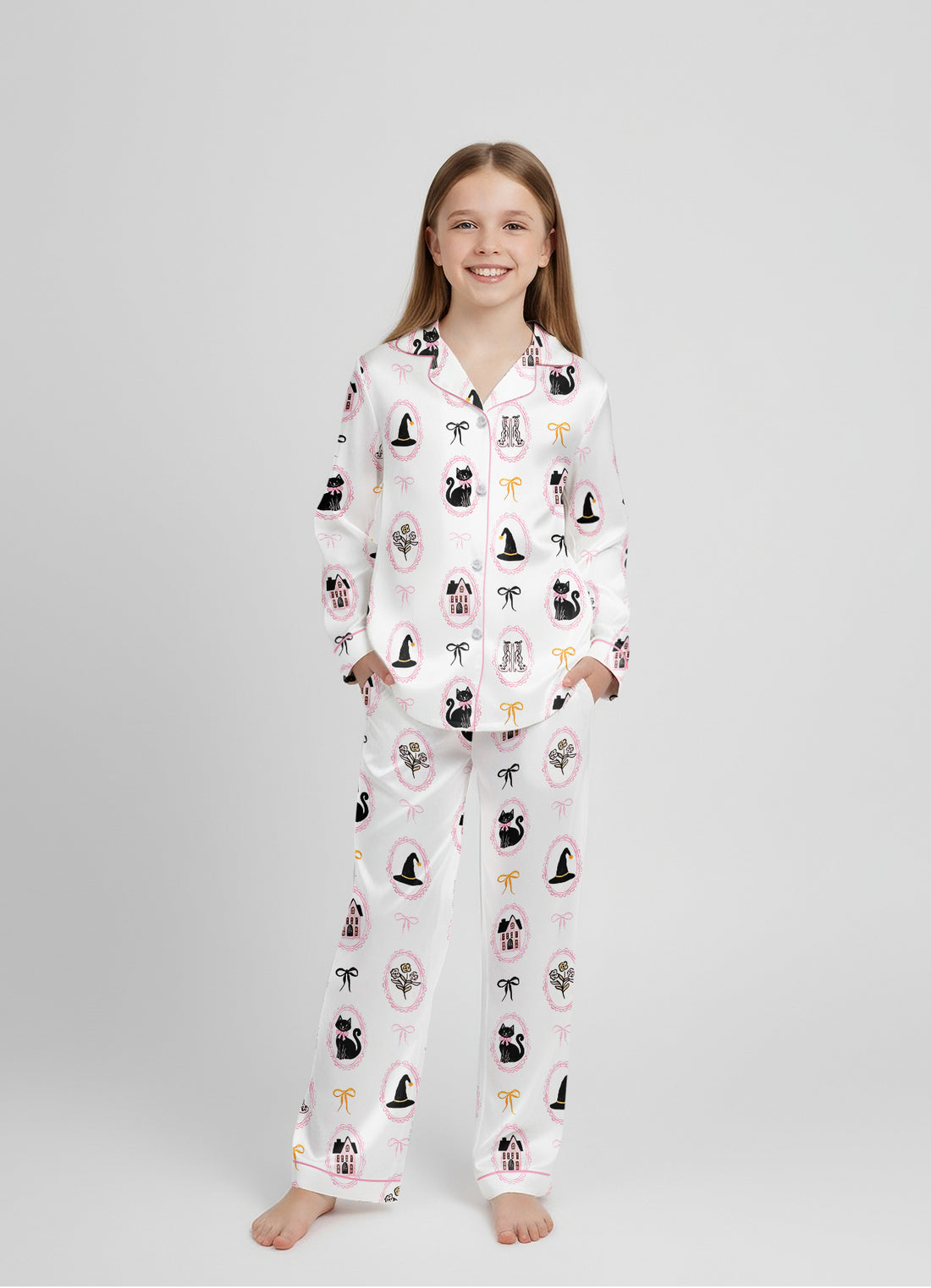 Cute Pink And Black Coquette Bow Halloween Black Cat Satin Pajama Set