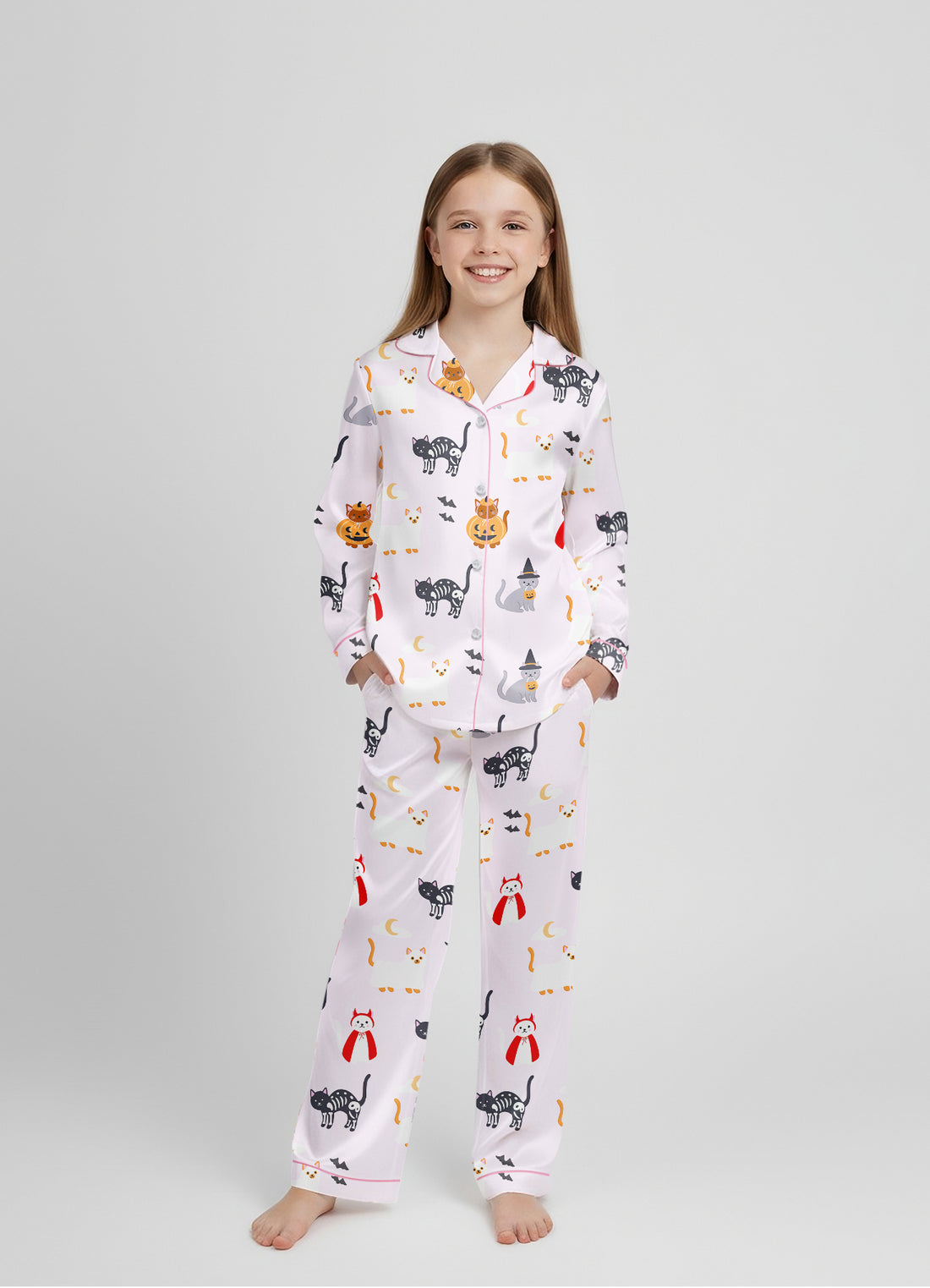 The Lil Ghostie Cat Pumpkin Halloween Satin Pajama Set - Matching PJs With My Girly PJs