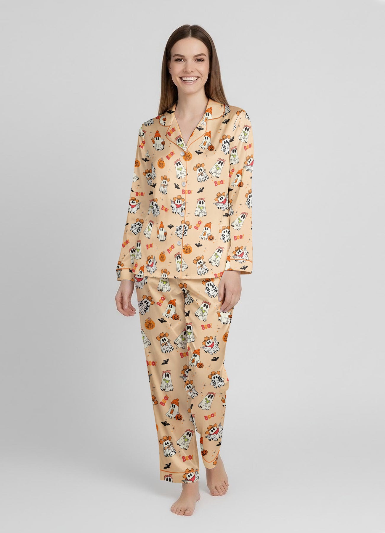 Halloween Western Ghost Pumpkin Satin Pajama Set – Long Sleeve Matching PJs