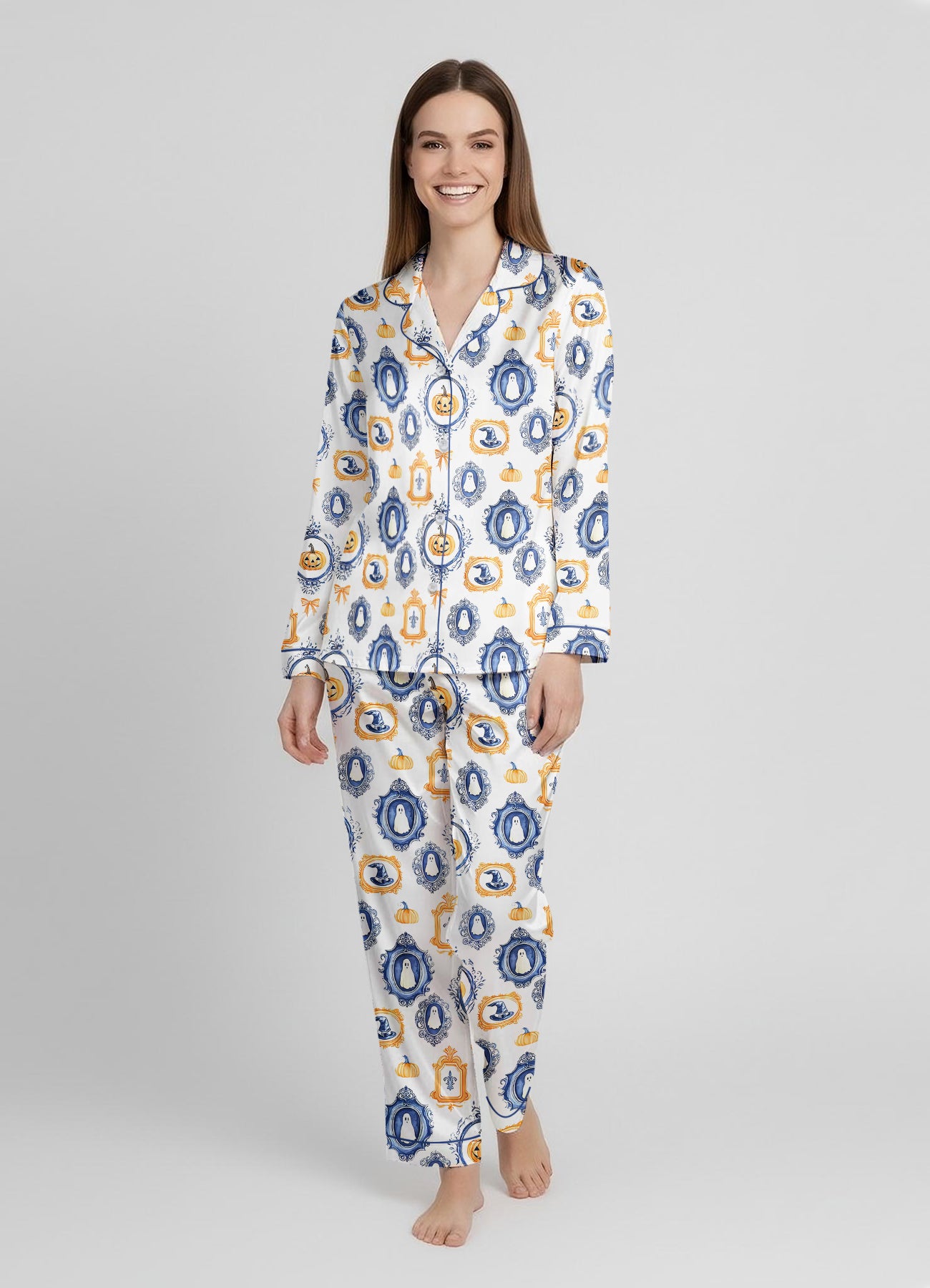 Autumn Pumpkin Spice Satin Pajama Set – Preppy Halloween Matching PJs