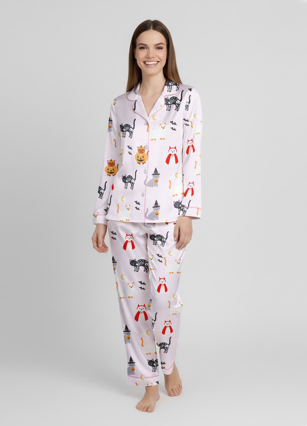 The Lil Ghostie Cat Pumpkin Halloween Satin Pajama Set - Matching PJs With My Girly PJs