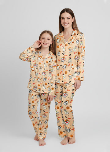 Halloween Western Ghost Pumpkin Satin Pajama Set – Long Sleeve Matching PJs