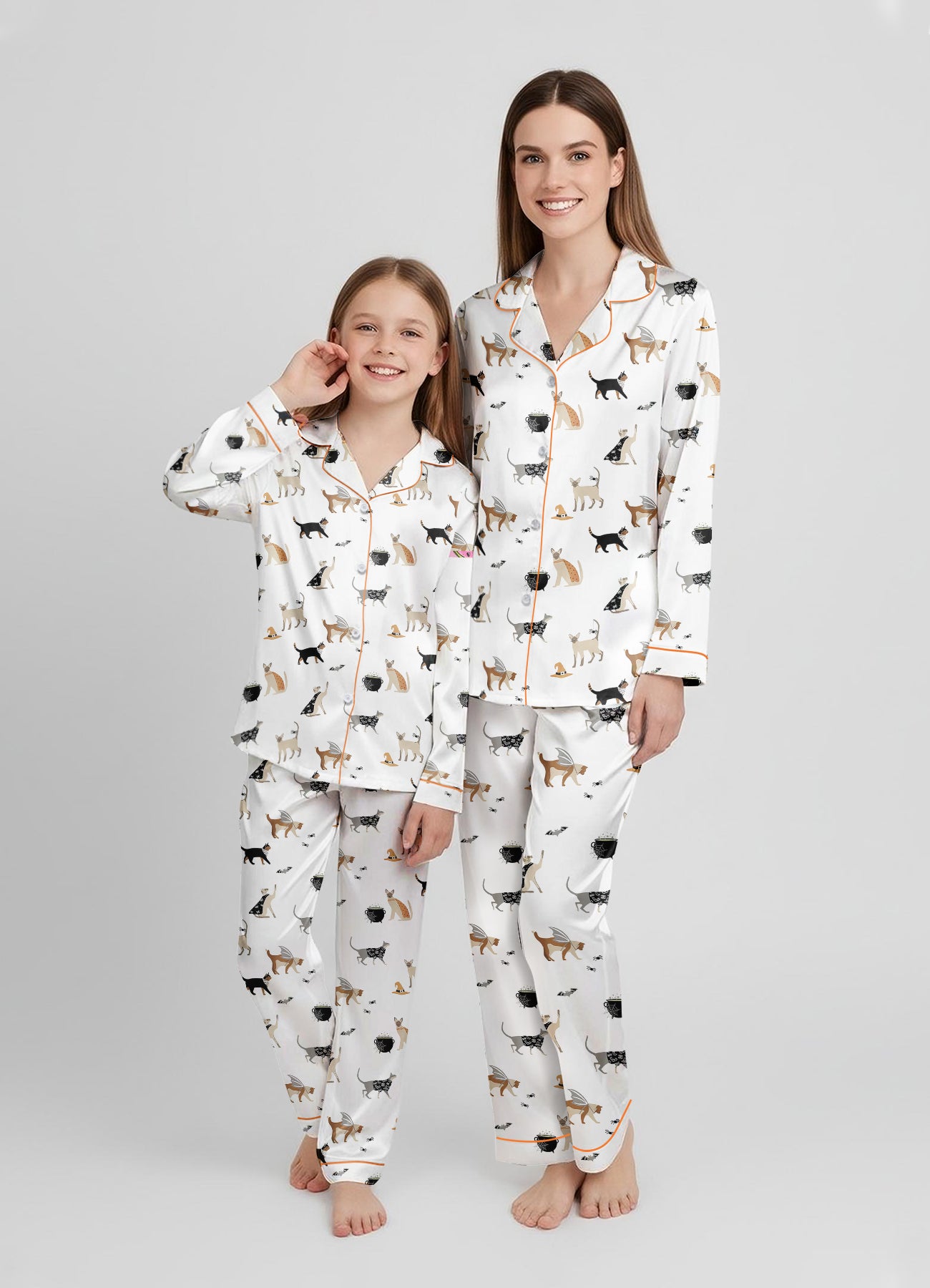 Women’s Halloween Cat Party Satin Pajama Set – Long Sleeve Matching PJs