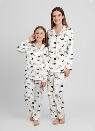 Women’s Halloween Cat Party Satin Pajama Set – Long Sleeve Matching PJs