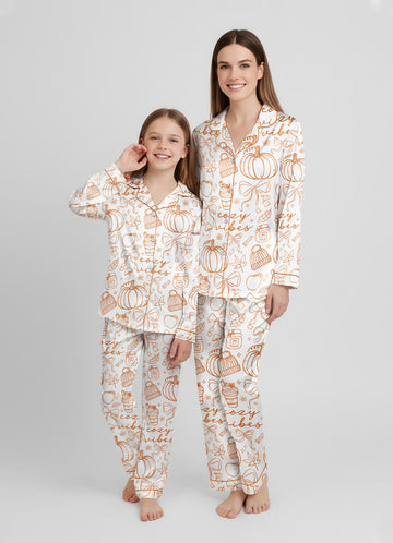 Women’s Coquette Pumpkin Spice Satin Pajama Set – Fall Cozy Matching PJs