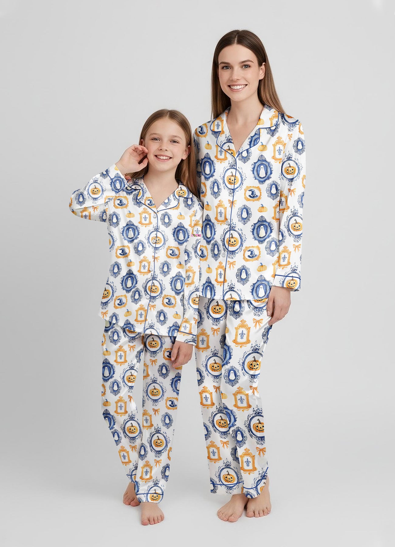 Autumn Pumpkin Spice Satin Pajama Set – Preppy Halloween Matching PJs