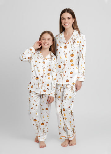 Dancing Skeleton Halloween Satin Pajama Set – Matching Mom & Daughter PJs