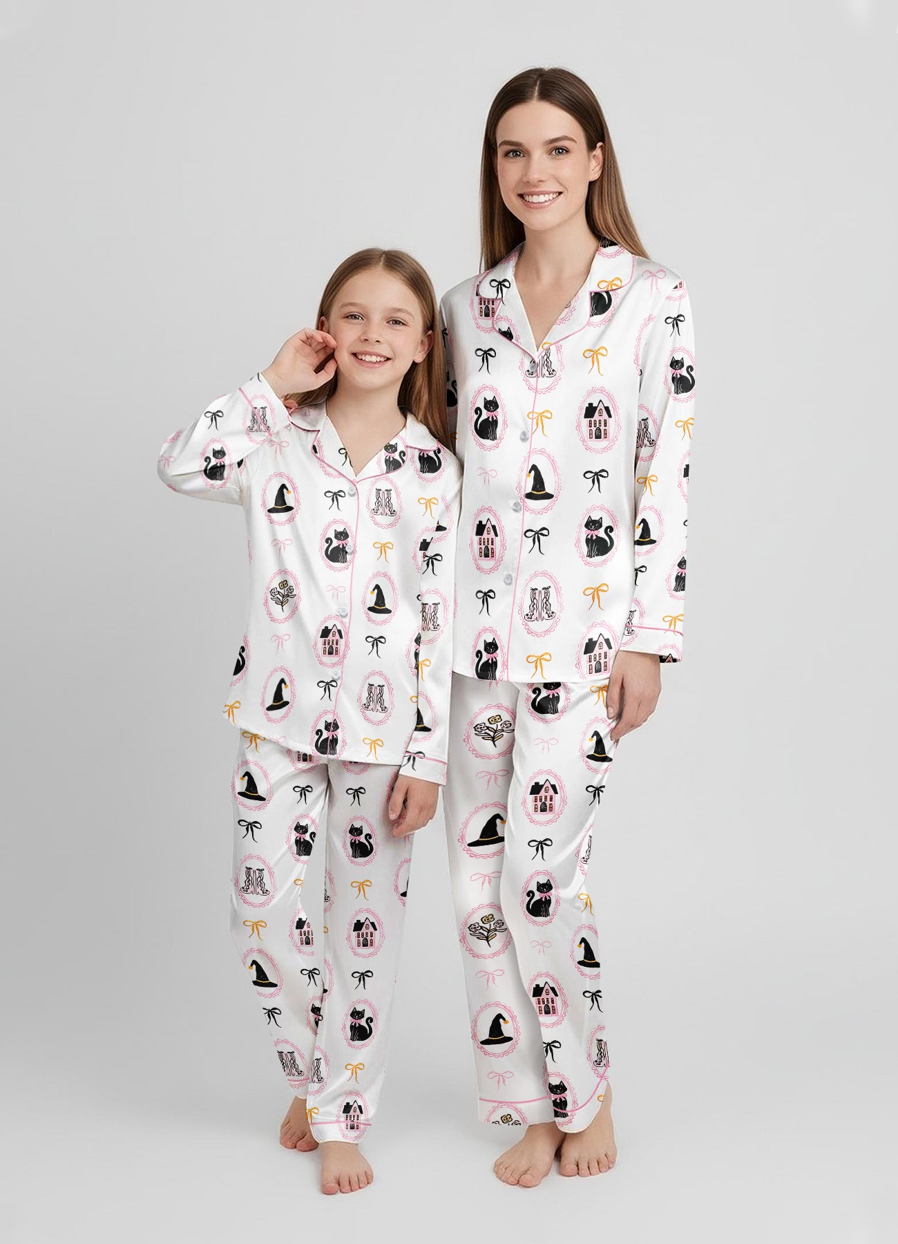 Cute Pink And Black Coquette Bow Halloween Black Cat Satin Pajama Set