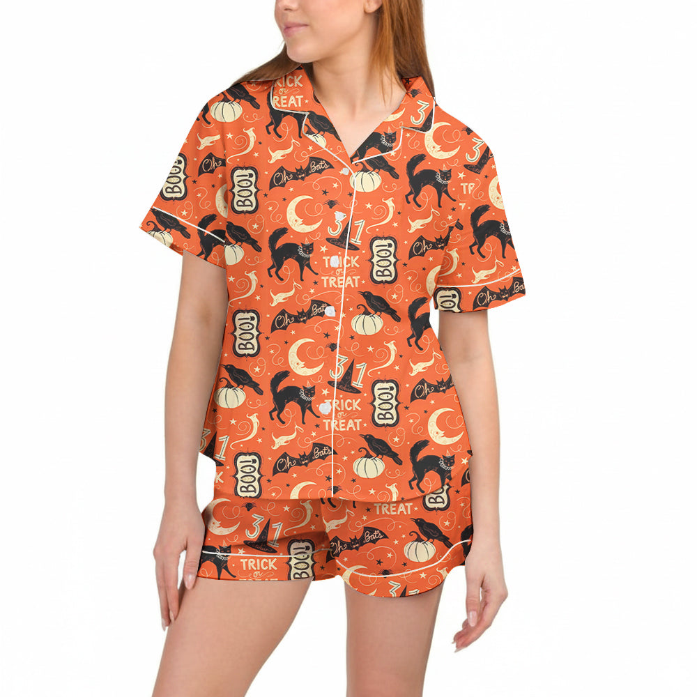 Halloween Vintage Halloween Trick Or Treat Boo Black Cat Pumpkin Bat Pajama Set