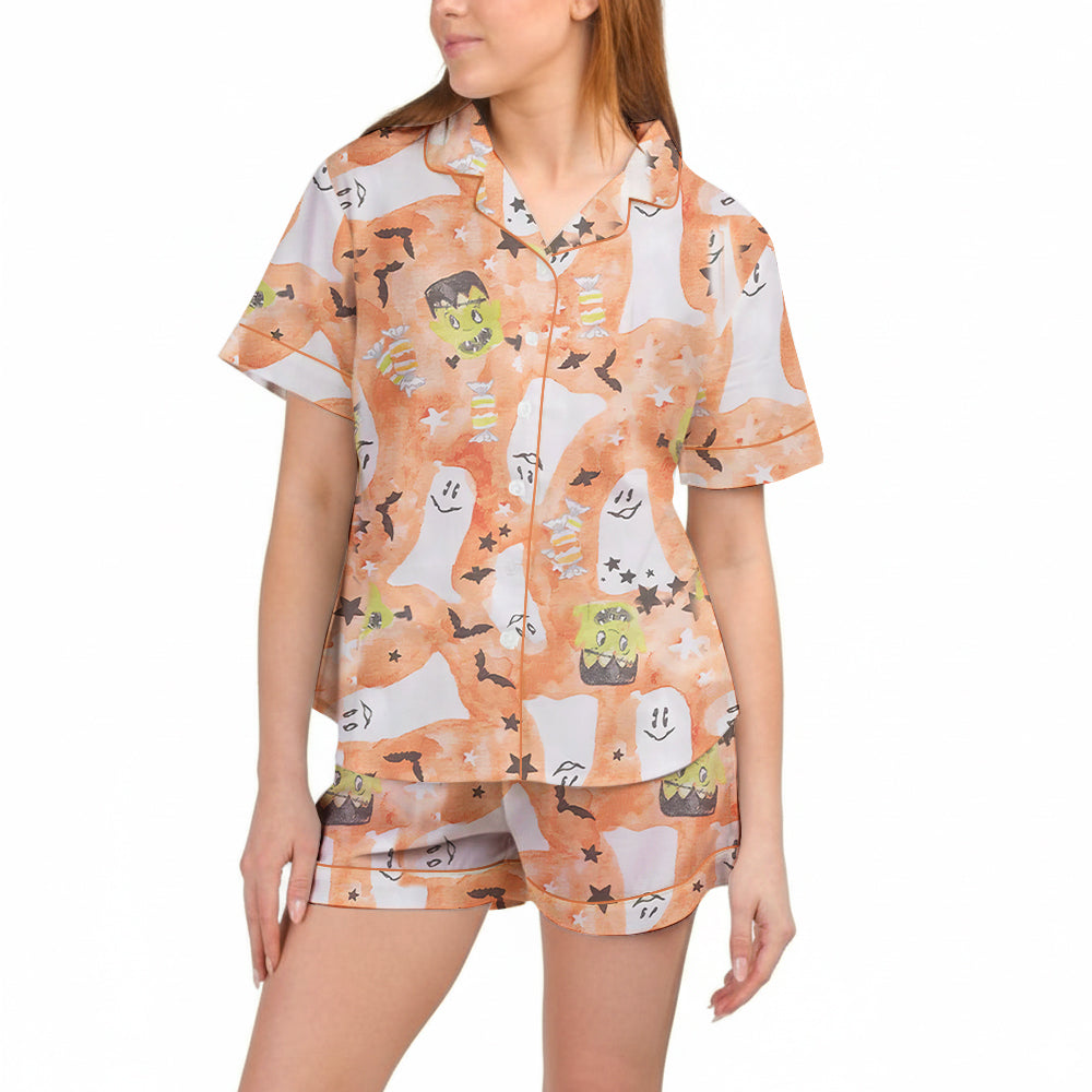 Starry Ghost Spooky Halloween Cute Ghost Aesthetics Pastel Halloween Print Satin Pajama Set