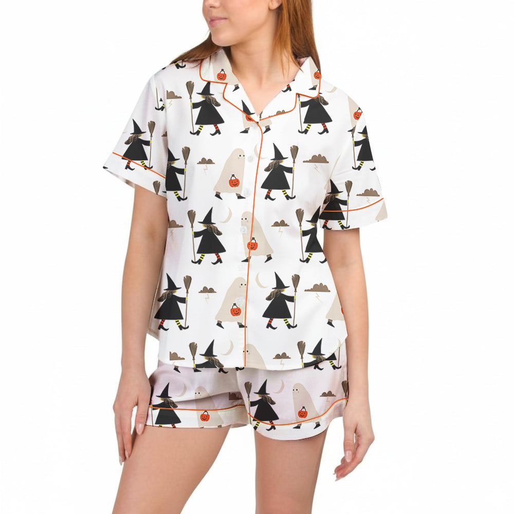 Women’s Halloween Pajama Set – Witch with Broom & Ghost with Pumpkin Satin PJs
