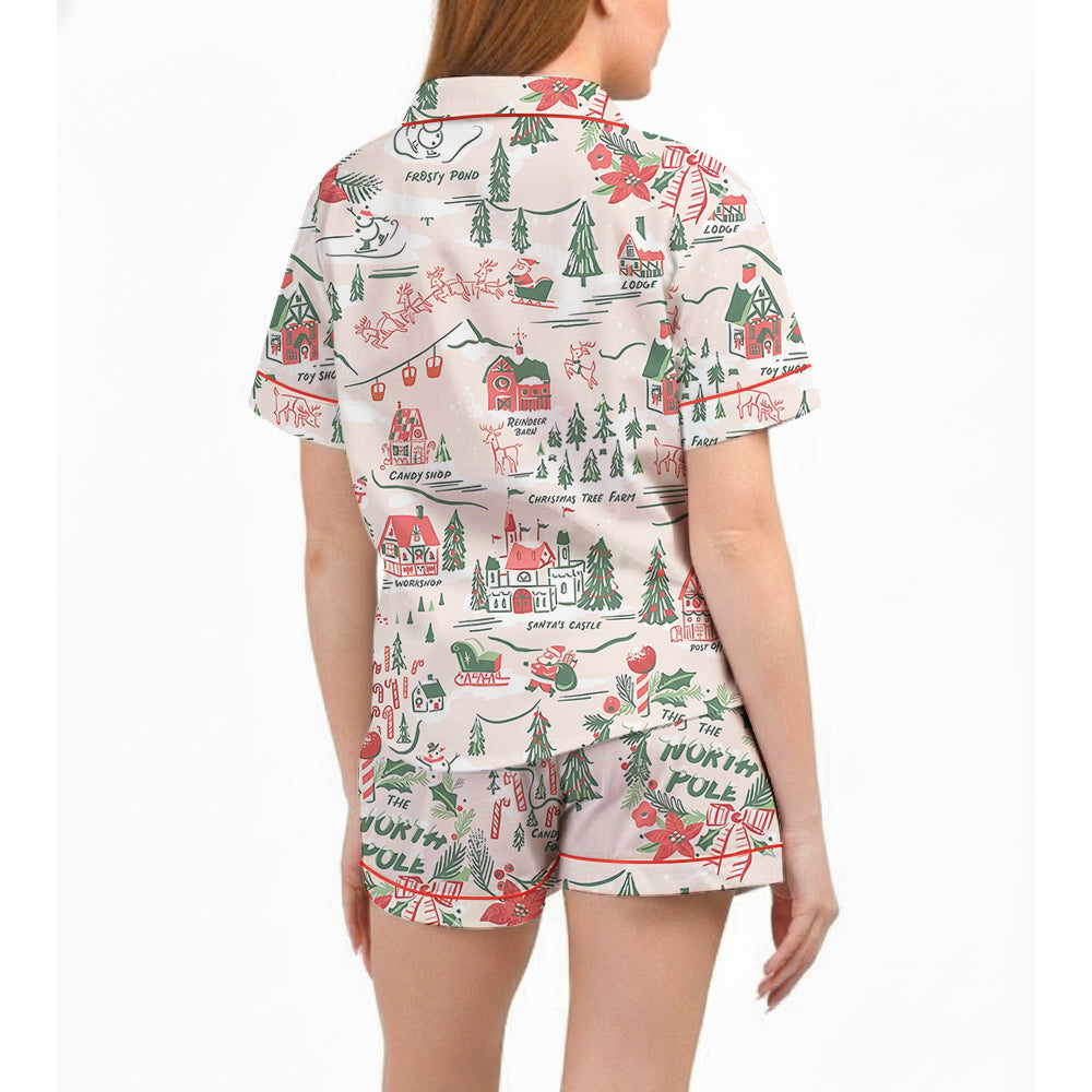 North Pole Village Map Christmas Satin Pajama Set – Retro Holiday PJs