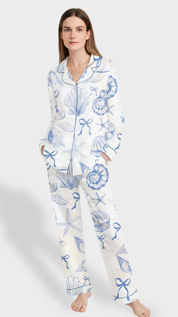 Coquette Seashell Coastal Satin Pajama Set – Women’s Beachy Summer Short Sleeve PJs