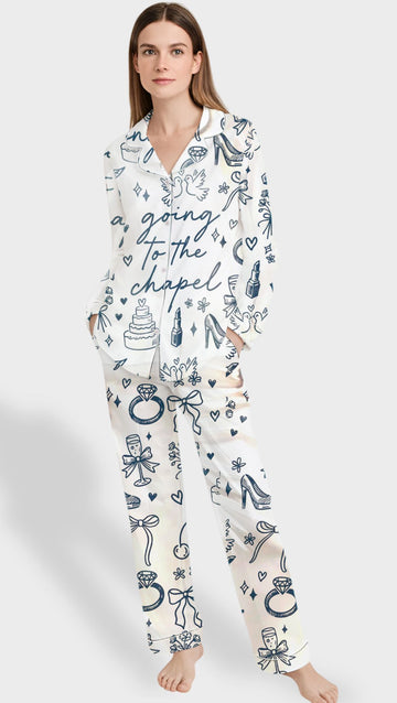 Coquette Short Sleeve PJs for Wedding & Bachelorette- Bride Satin Pajama Set