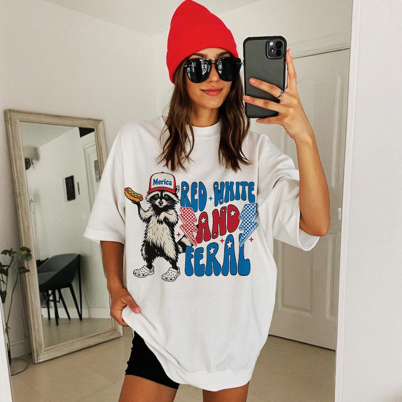 Red White and Feral T-Shirt – Funny Raccoon 4th of July Tee