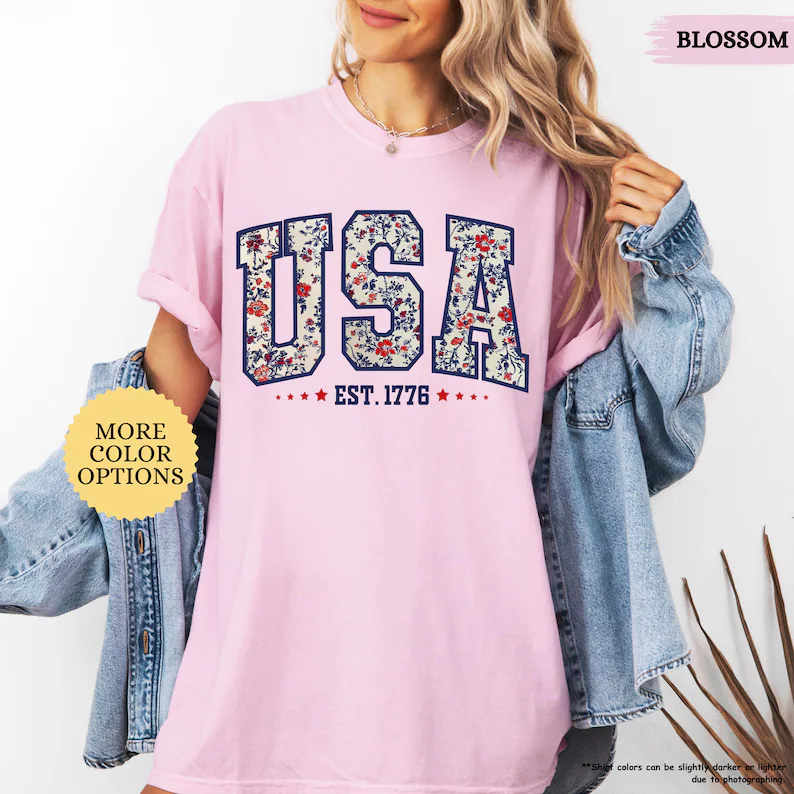Floral USA 1776 Shirt – Comfort Colors Patriotic Women’s Tee