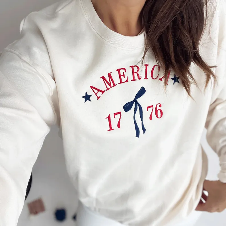 Coquette Bow 1776 Embroidered Crewneck – Cute Patriotic 4th of July Sweatshirt