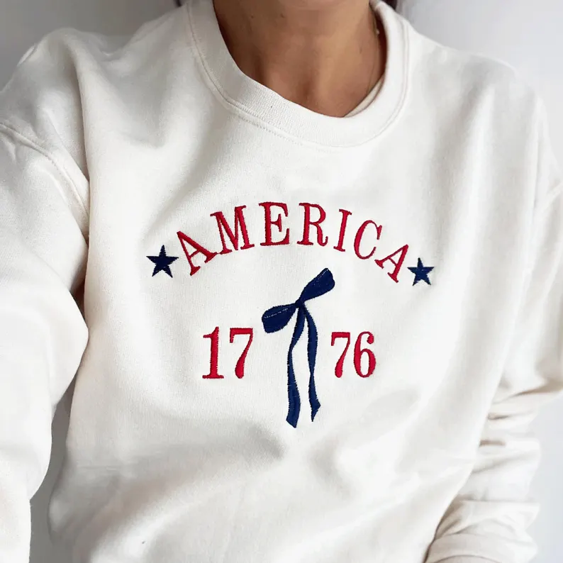 Coquette Bow 1776 Embroidered Crewneck – Cute Patriotic 4th of July Sweatshirt
