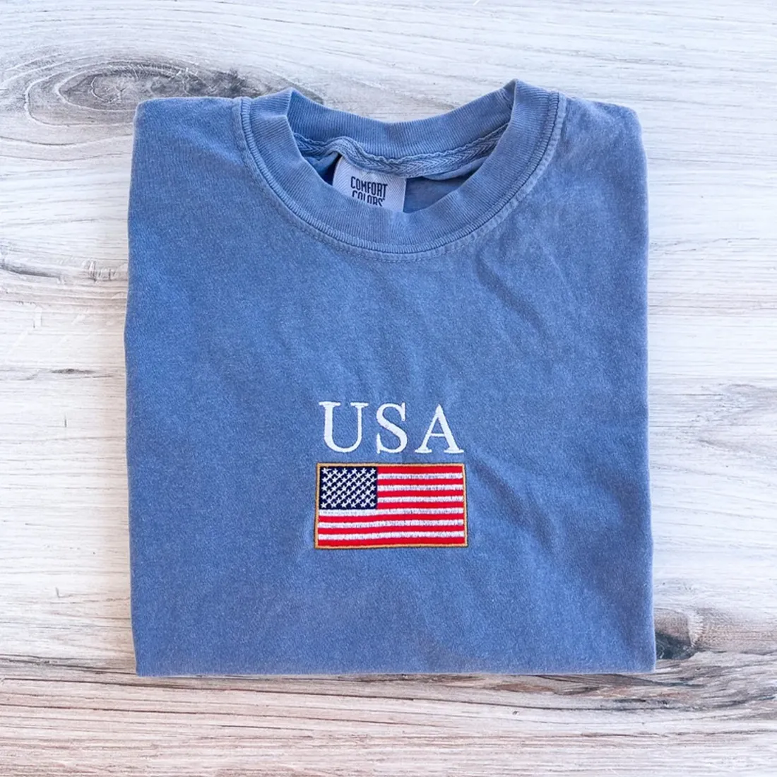 Embroidered USA Flag Tee – Comfort Colors 4th of July Shirt