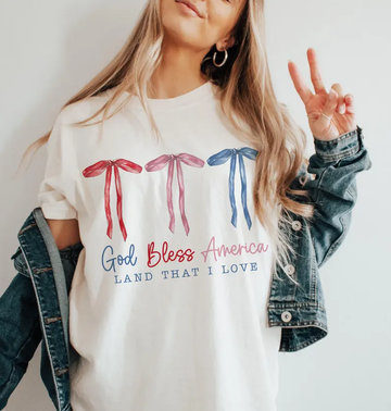 Coquette 4th of July Shirt – God Bless America Bow Tee