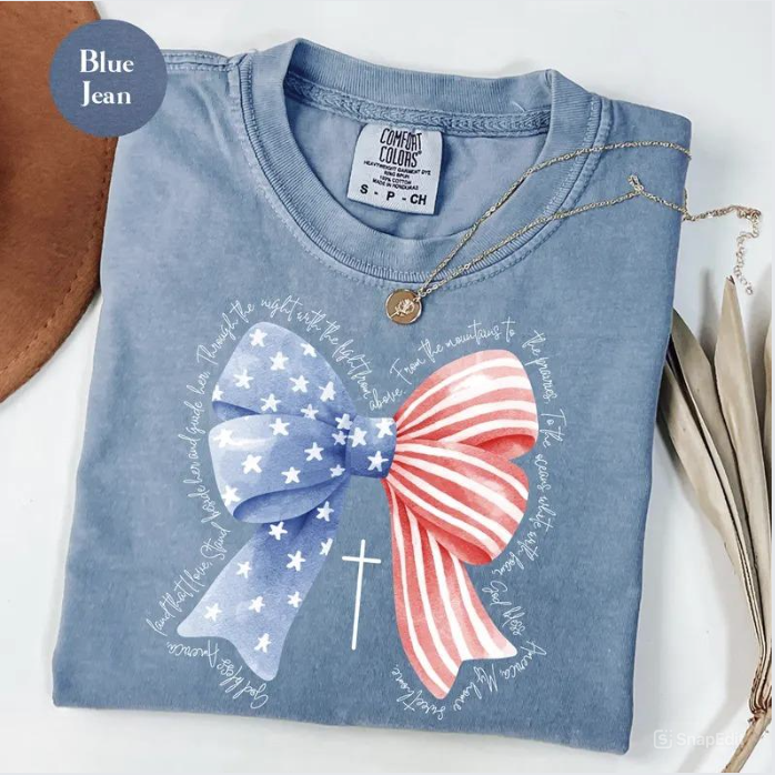 Patriotic Coquette Bow Tee – God Bless America 4th of July Shirt Comfort Colors®