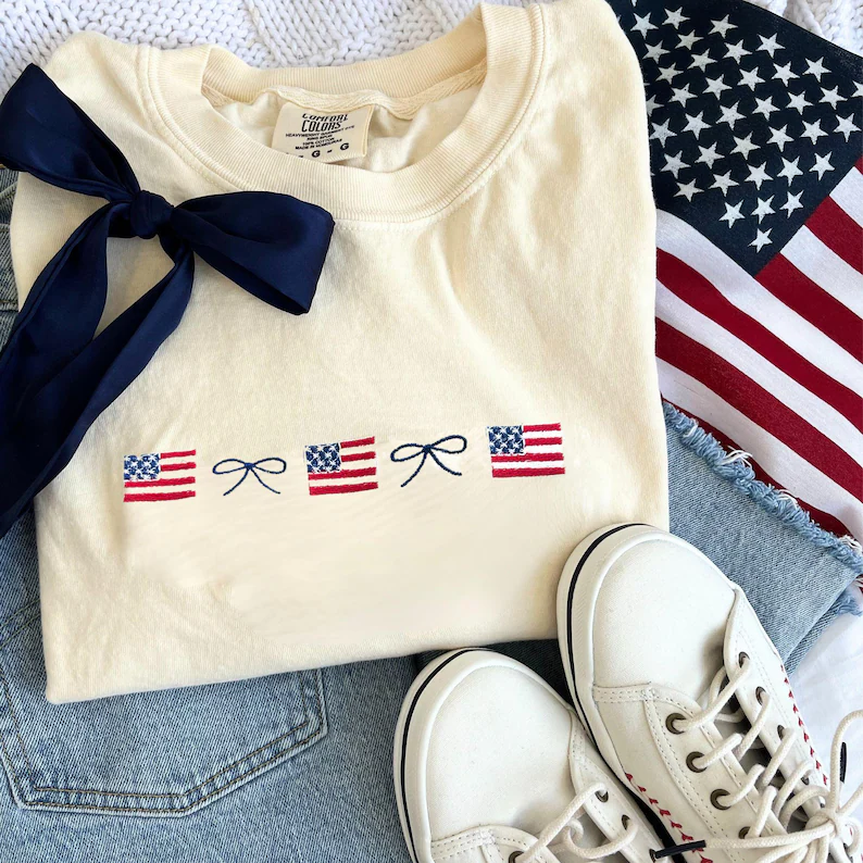 Embroidered Flag & Bow Tee – Coquette 4th of July Shirt Comfort Colors®