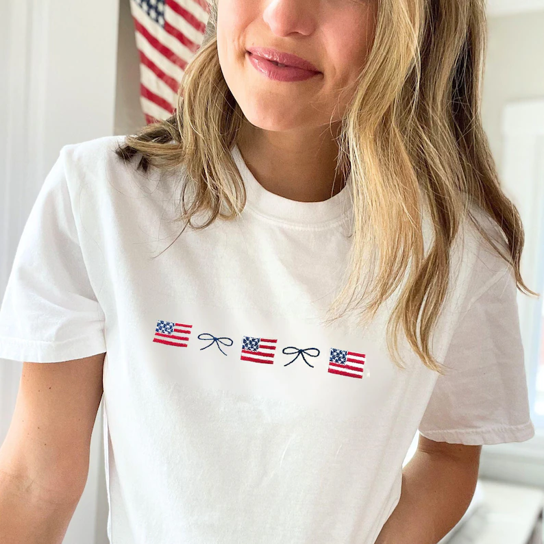 Embroidered Flag & Bow Tee – Coquette 4th of July Shirt Comfort Colors®