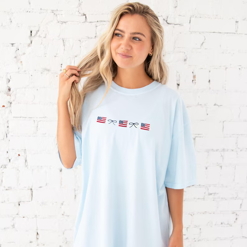 Embroidered Flag & Bow Tee – Coquette 4th of July Shirt Comfort Colors®